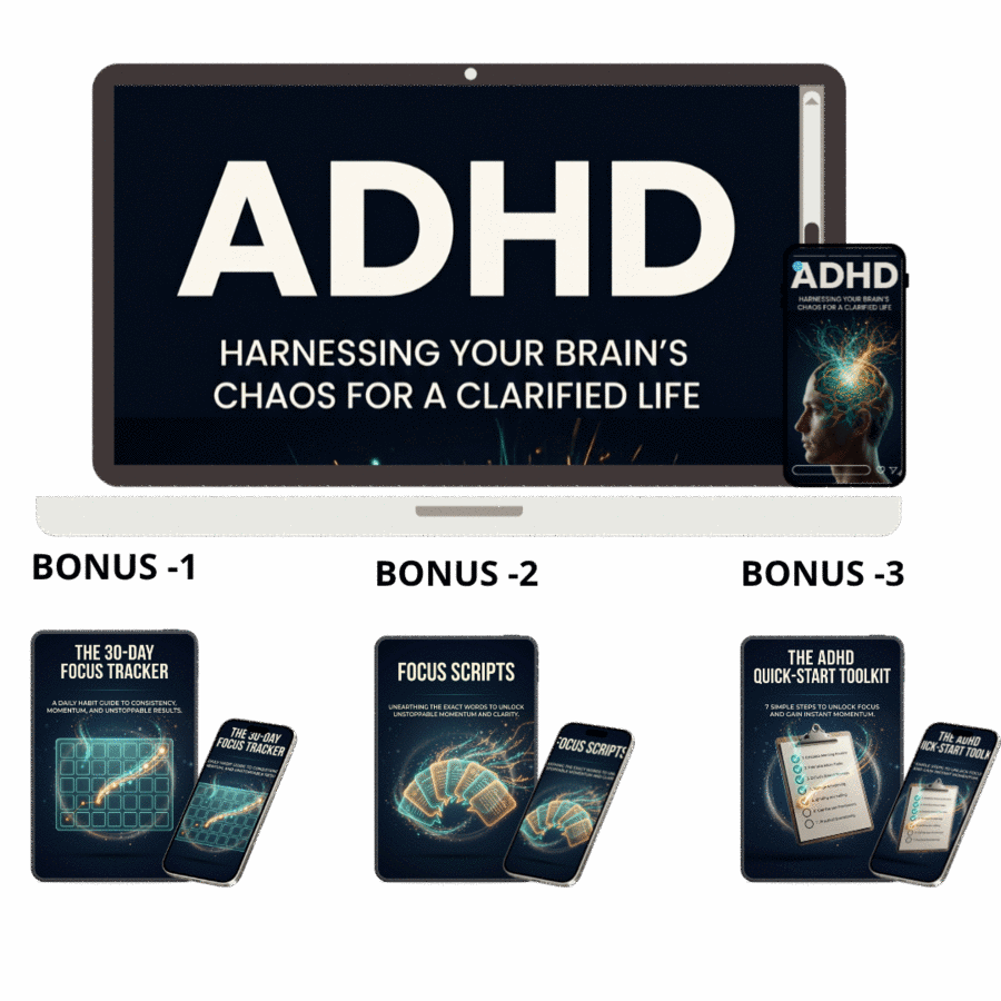 ADHD — Harnessing Your Brain's Chaos for a Clarified Life, shown on a laptop with three bonus guides on mobile